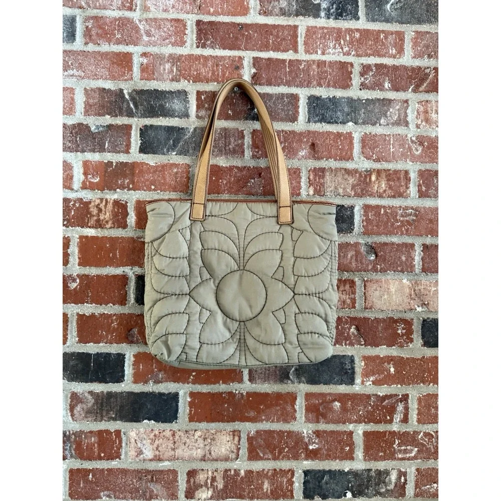Vintage Fossil‎ Key Per Gray Brown Quilted Tote Bag Shoulder Purse